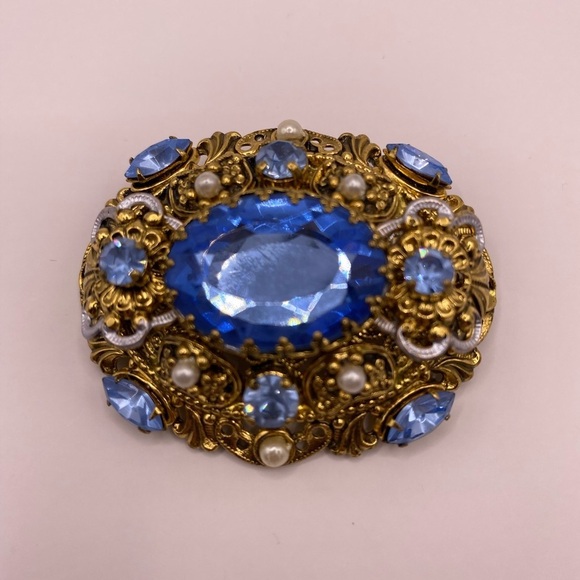 Vintage Jewelry - Western Germany Signed Blue Rhinestone Pearl Enamel Brooch Vintage